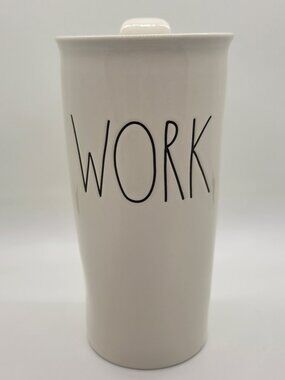 Rae Dunn WORK Ceramic Travel Mug Tumbler Snap Lid Hot Cold Cup 7" Cream Hot Cold